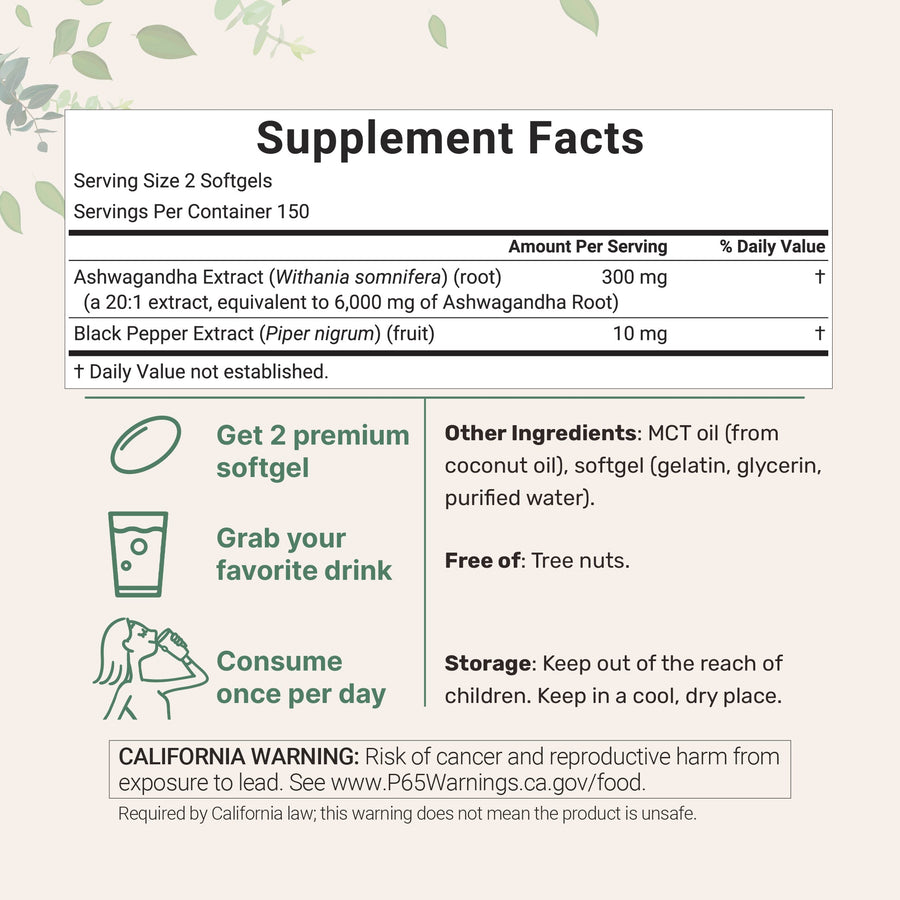 Micro Ingredients Ashwagandha + Black Pepper Extract with MCT Oil Softgels