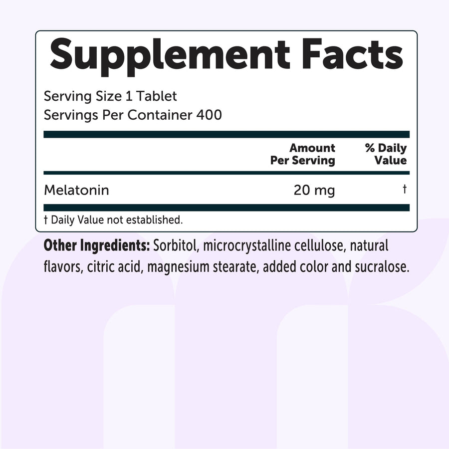 Micro Ingredients Melatonin 20mg Tablets, 400 Counts, Natural Strawberry Flavor