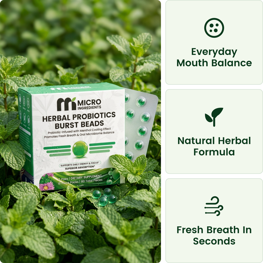 Micro Ingredients Herbal Probiotics Burst Beads, Fresh Breath & Oral Microbiome, 80 Beads