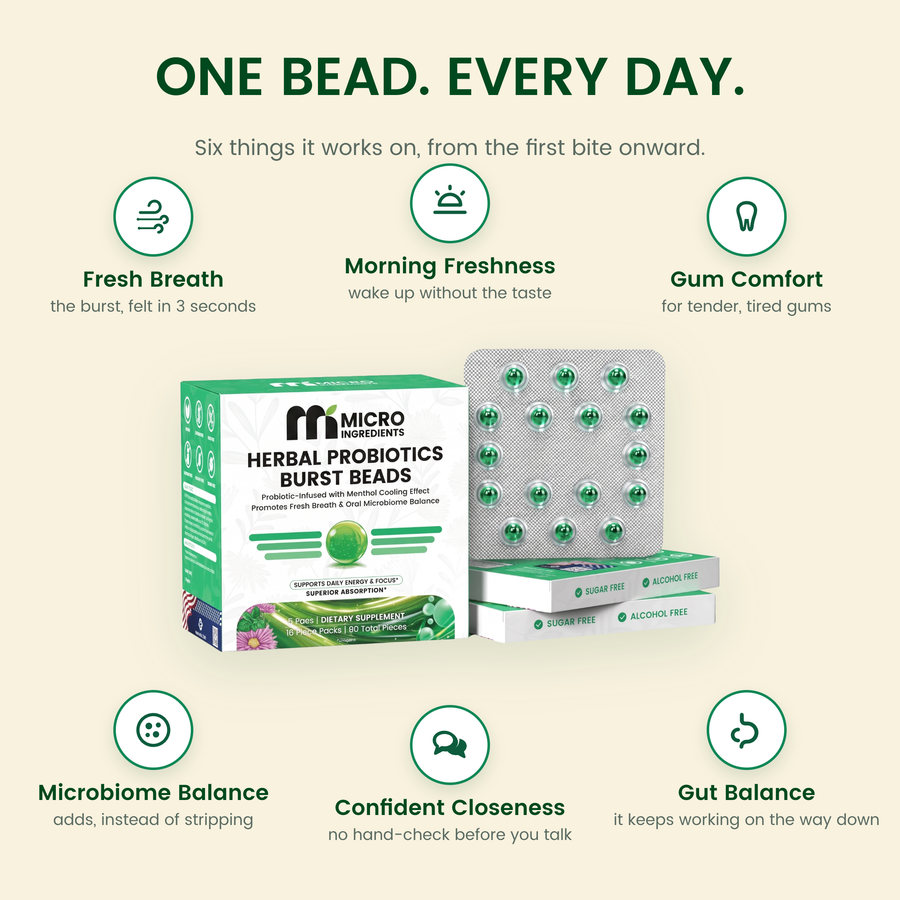 Micro Ingredients Herbal Probiotics Burst Beads, Fresh Breath & Oral Microbiome, 80 Beads