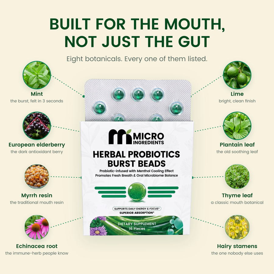 Micro Ingredients Herbal Probiotics Burst Beads, Fresh Breath & Oral Microbiome, 80 Beads